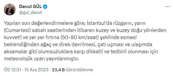 İstanbul Valisi Davut Gül'den fırtına uyarısı