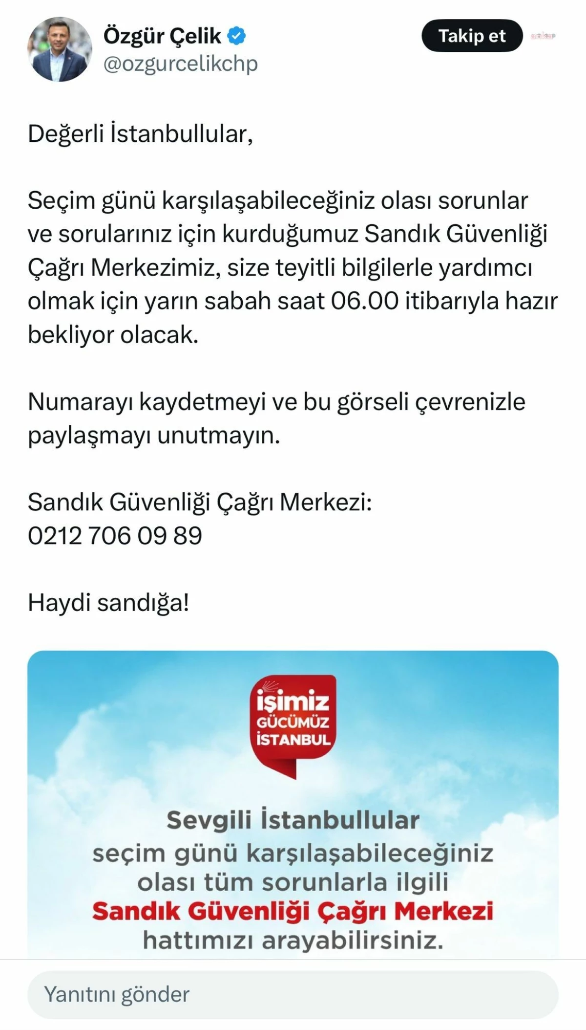 CHP İstanbul İl Başkanı Özgür Çelik, Sandık Güvenliği Çağrı Merkezi’ni Paylaştı