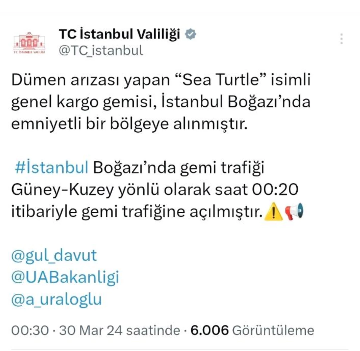 İstanbul Boğazı’nda Dümen Arızası Yapan Gemi Trafiğe Açıldı