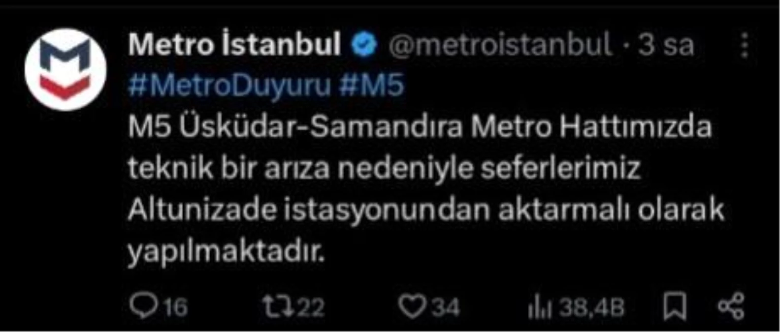 İstanbul’da Üsküdar-Samandıra metro hattında arıza nedeniyle seferler durdu