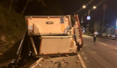 Hatay’da freni boşalan tır şarampole devrildi.