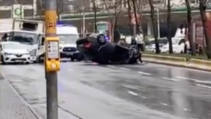 İstanbul’da kamyonete çarpan otomobil takla attı