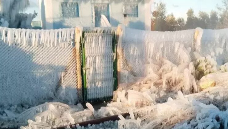 Mersin’de boru patlayınca fışkıran su havada dondu