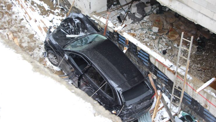 Trabzon’da buzlanan yolda kaydı, inşaat halindeki binanın zeminine düştü