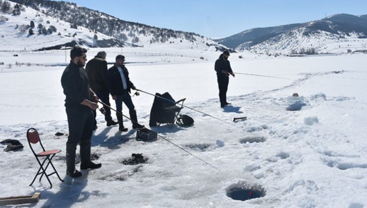 Kelkit’te buz tutan baraj, balık tutkunlarını ağırlıyor