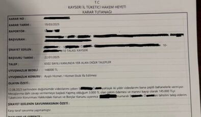 Kayseri’de çekimi yapılıp verilmeyen düğün görüntüleri için 53 bin TL tazminat