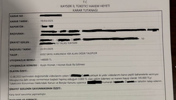 Kayseri’de çekimi yapılıp verilmeyen düğün görüntüleri için 53 bin TL tazminat