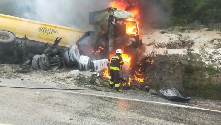 Muğla’da devrilen harfiyat kamyonu yandı