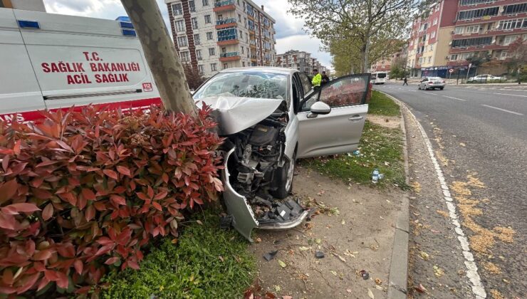 Tekirdağ’da refüje çıkan otomobil ağaca çarptı