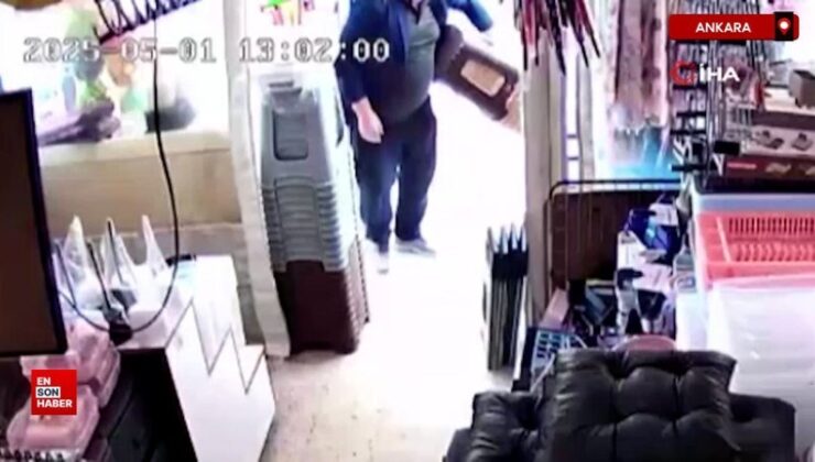 Ankara’da hırsızın dükkanın önündeki eserleri toplayıp götürdüğü anlar
