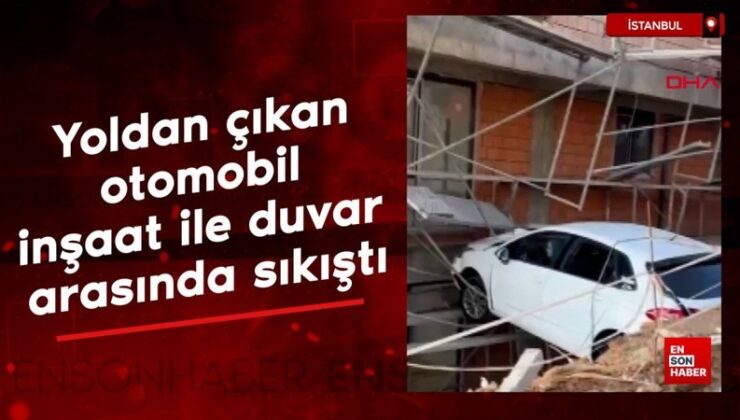İstanbul Kartal’da kontrolden çıkan otomobil inşaat boşluğunda asılı kaldı