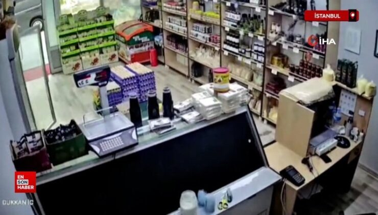 İstanbul’da deprem sırasında esnaf dükkandan kaçtı, şişeler etrafa dağıldı