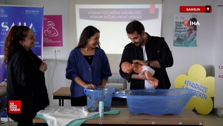 Samsun’da gebe okulunda tatlı telaş: Baba adayları bez bağladı, bebek yıkadı