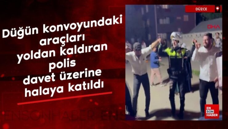 Düzce’de düğün konvoyundaki araçları yoldan kaldıran polis, davet üzerine halaya katıldı