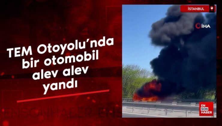 İstanbul TEM Otoyolu’nda bir araba alev alev yandı