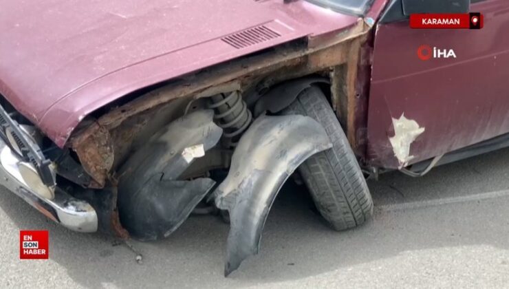 Karaman’da aydınlatma direğine çarpan araba orta refüjü aşarak karşı şeride geçti