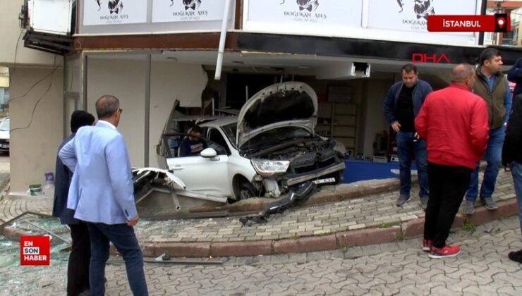 Sancaktepe’de arabanın iş yerine girdiği anlar