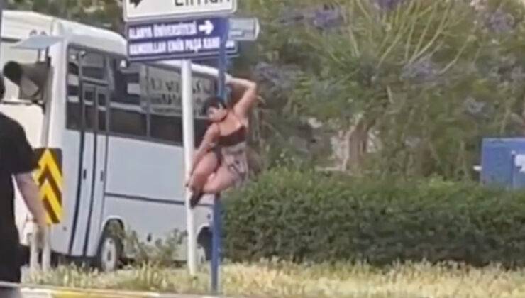 Alanya’da istikamet levhasında direk dansı yaptı