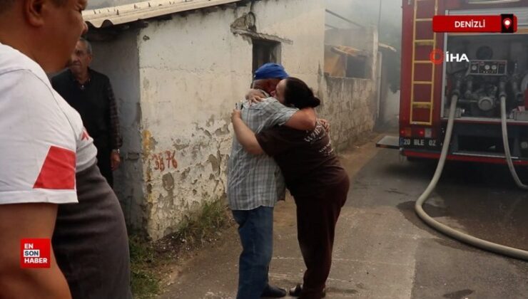 Denizli’de ailesinin yanan meskenine koşan bayan babasına sevinçle sarıldı