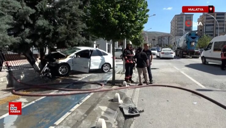 Malatya’da evvel arabaya sonra duvara çarpan araç alev aldı
