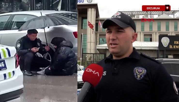 Yaralı öğrenciyi şemsiye ile yağmurdan muhafazaya çalışan polis: Misyonumuzu yaptık