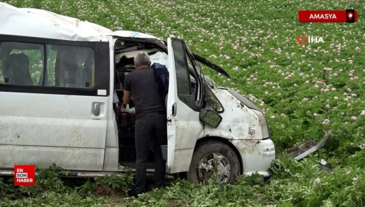Amasya’da denetimden çıkan minibüs tarlaya uçtu