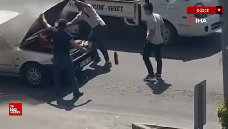 Düze’de yanan arabası hassas vatandaşlar söndürdü