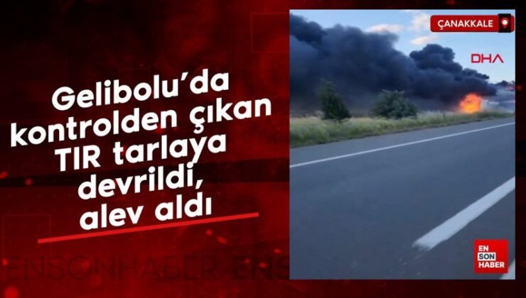 Gelibolu’da denetimden çıkan TIR tarlaya devrildi, alev aldı