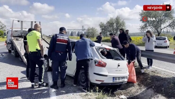 Nevşehir’de denetimden çıkan araba takla atarak orta refüje devrildi
