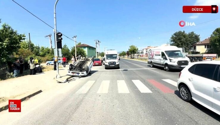 Düzce’de yayaya yol veren arabaya çarpıp takla attı