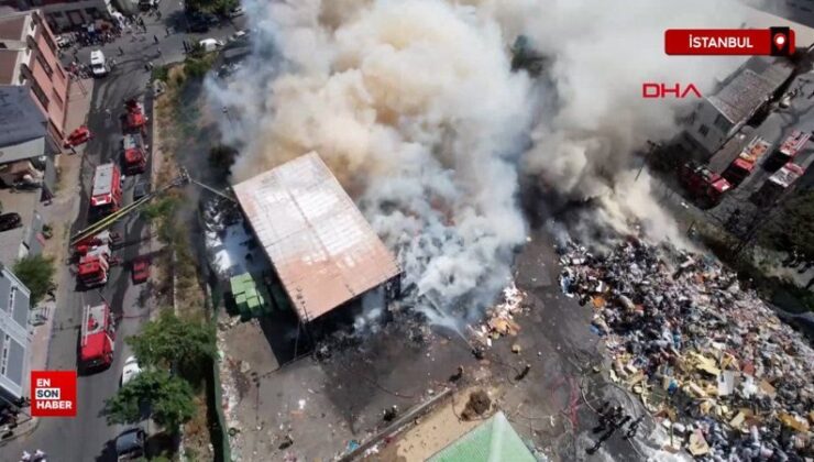 Sakarya’da traktör bayisinin deposundaki yangın havadan görüntülendi