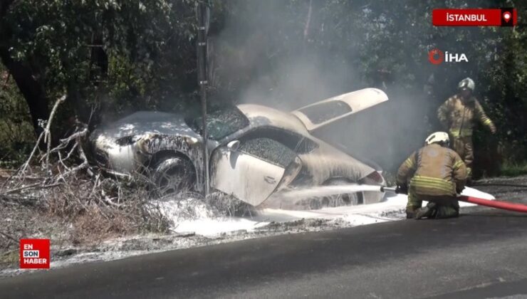 Sarıyer’de lüks araç alev alev yandı