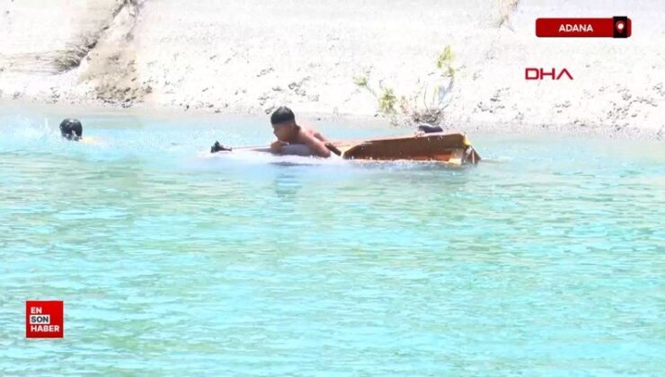 Adana’da sıcakta bunalan çocukların kanalda eski koltukla tehlikeli cümbüşü