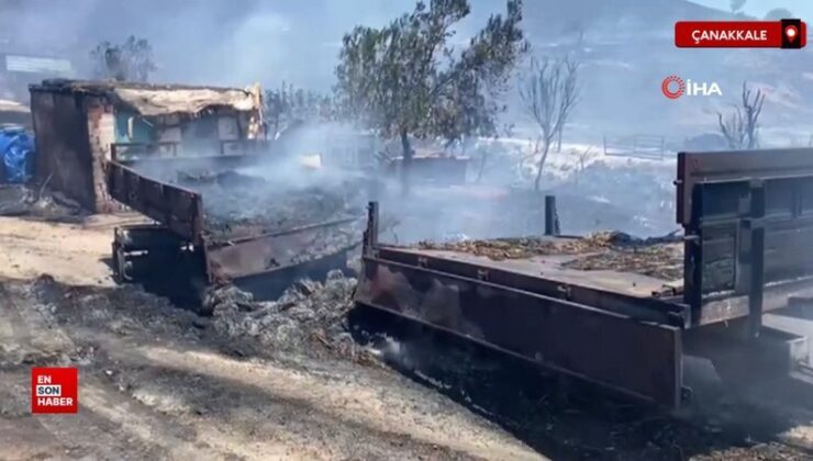 Çanakkale’de makilik alanda çıkan yangında 3 ahır ve 2 traktör römorku yandı