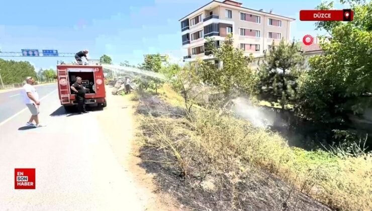 Düzce’de yol kenarına atılan şişe anız yangını çıkarttı