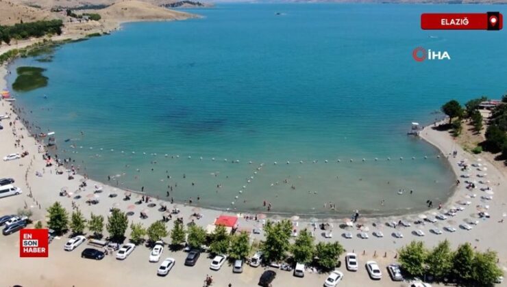 Elazığ’da sıcaktan bunalanlar Ege’yi aratmayan Hazar Gölü’ne akın etti