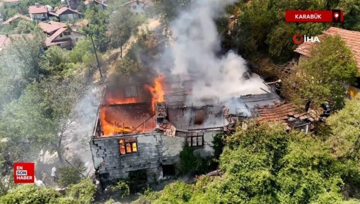 Karabük’ta otluk alanda sıçrayan yangın iki katlı konutu kül etti