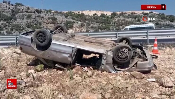 Mersin’de araba karşı şeride geçip takla attı