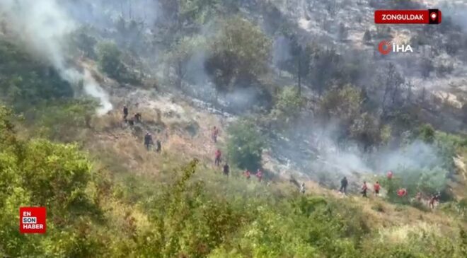 Zonguldak’ta sanayi içindeki ormanlık alanda çıkan yangın yürekleri ağza getirdi
