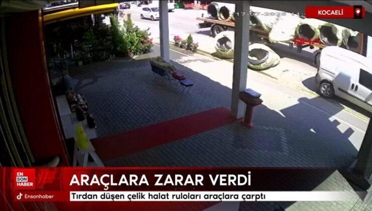 Kocaeli’de tırdan düşen çelik halat ruloları araçlara çarptı