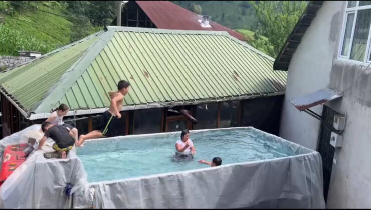 Rize’de kamyon kasası havuza dönüştürüldü: Çocuklar yüzerek keyif yaptı