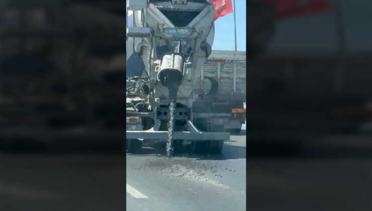 İstanbul Arnavutköy’de yola beton dökerek ilerleyen beton mikseri kamerada
