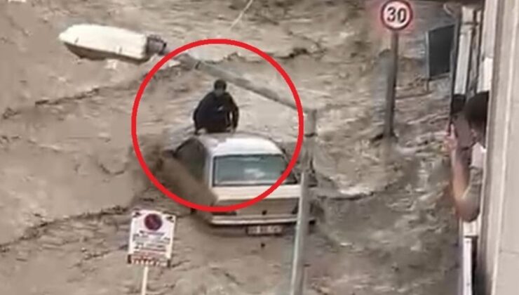 Samsun’daki selde can pazarı yaşandı: Aracın üzerinde hayata tutundu